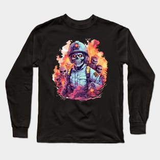 Zombie Firefighter Surrounded by Ghostly Halloween Undead Long Sleeve T-Shirt